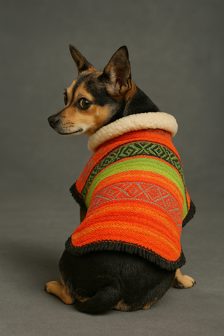 chihuahua in a green with orange mexican dog poncho