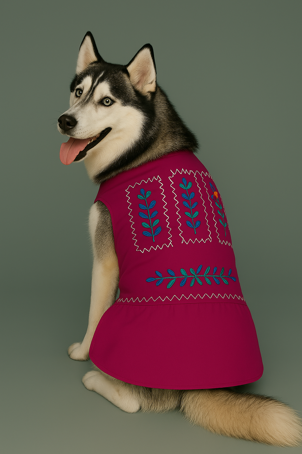husky in mexican style dress darkish red