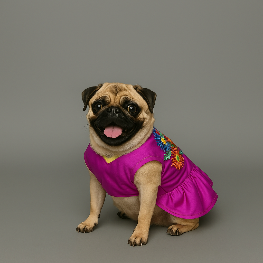 A pug dog wearing a pink and purple floral dress.