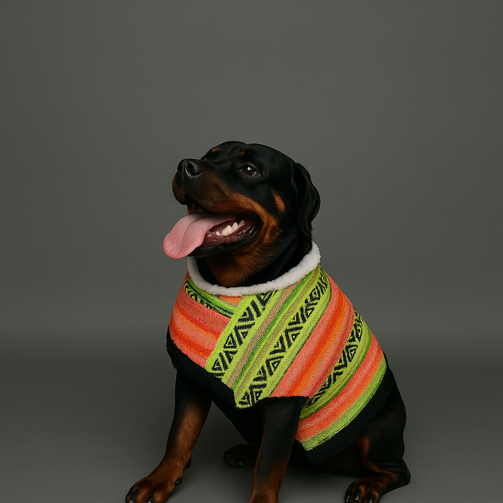 rottweiler in a green with orange mexican dog poncho