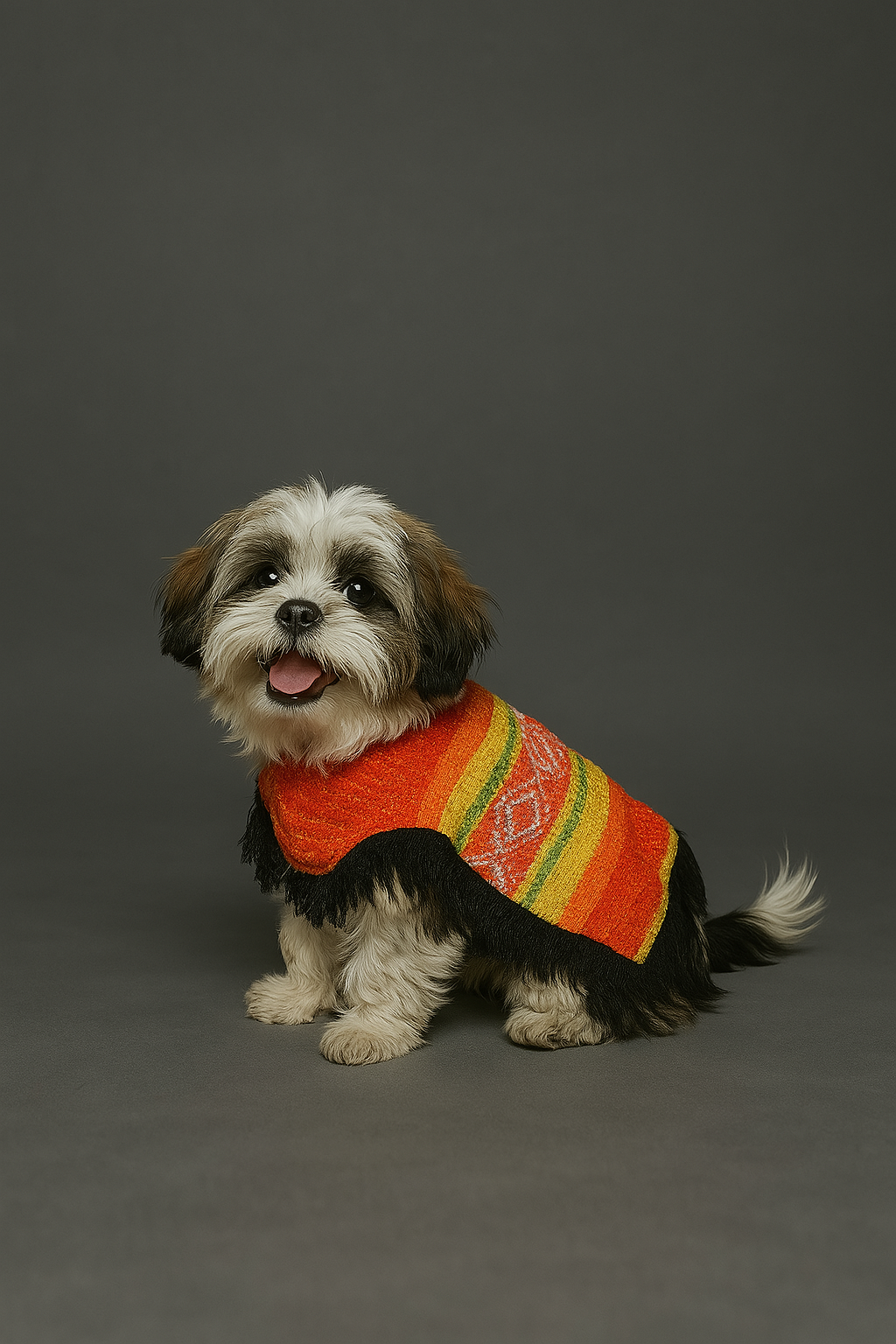 A dog wearing an orange and multicolored poncho with traditional Mexican patterns.