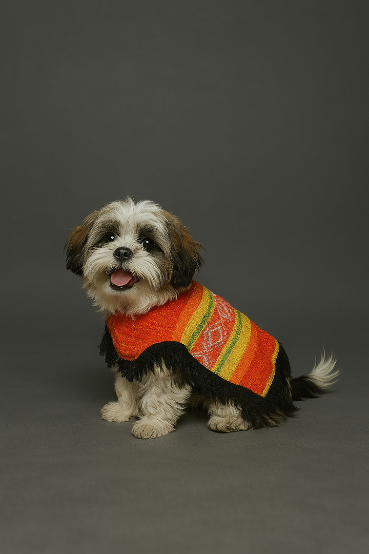 A dog wearing an orange and multicolored poncho with traditional Mexican patterns.